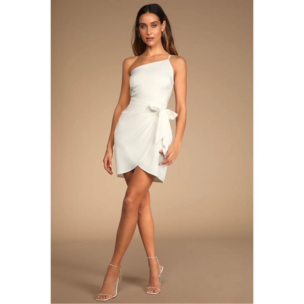 Lulu’s “Meant to Be Together” Ivory Satin One-Shoulder Mini Dress